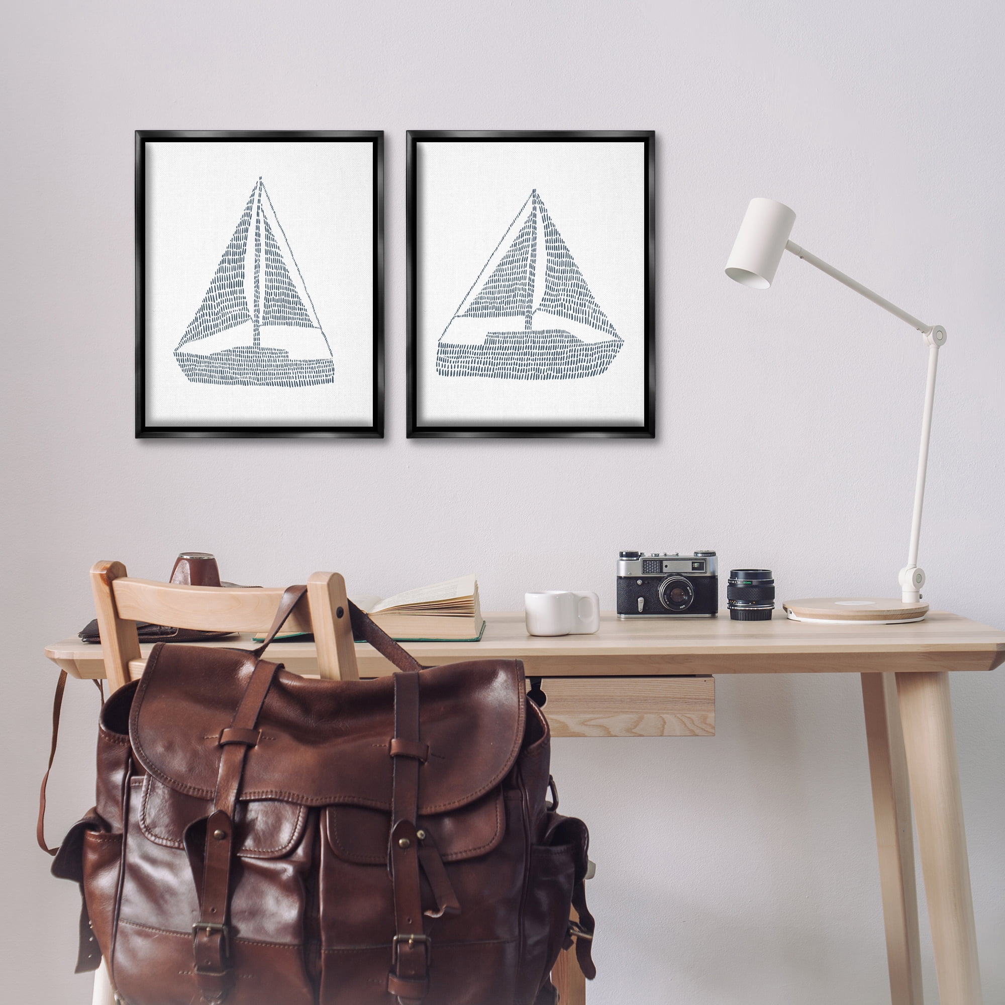 Stupell Industries Simple Lines Nautical Sailboats Nautical & Beach Painting Black Floater Framed Canvas Art Print Wall Art, 17 x 21, Set of 2