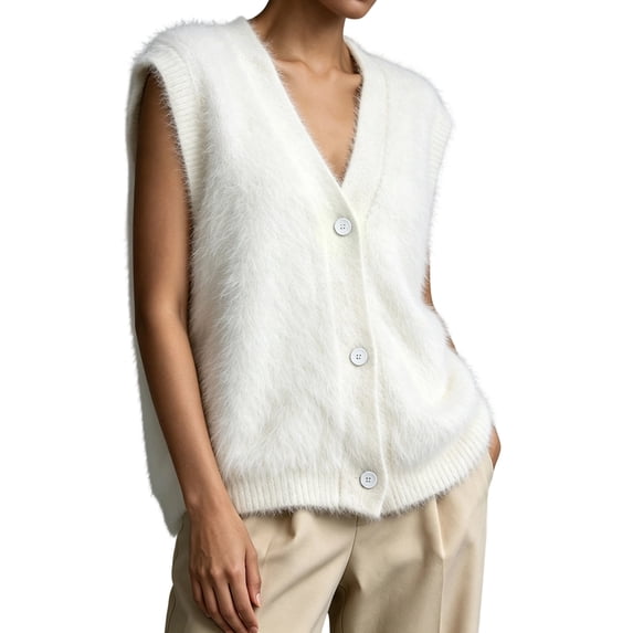 Womens Solid Fuzzy Knit Vest V Neck Button Front Sleeveless Cardigan Loose Fit Knitted Waistcoat Casual Layering Sweater Vest White S