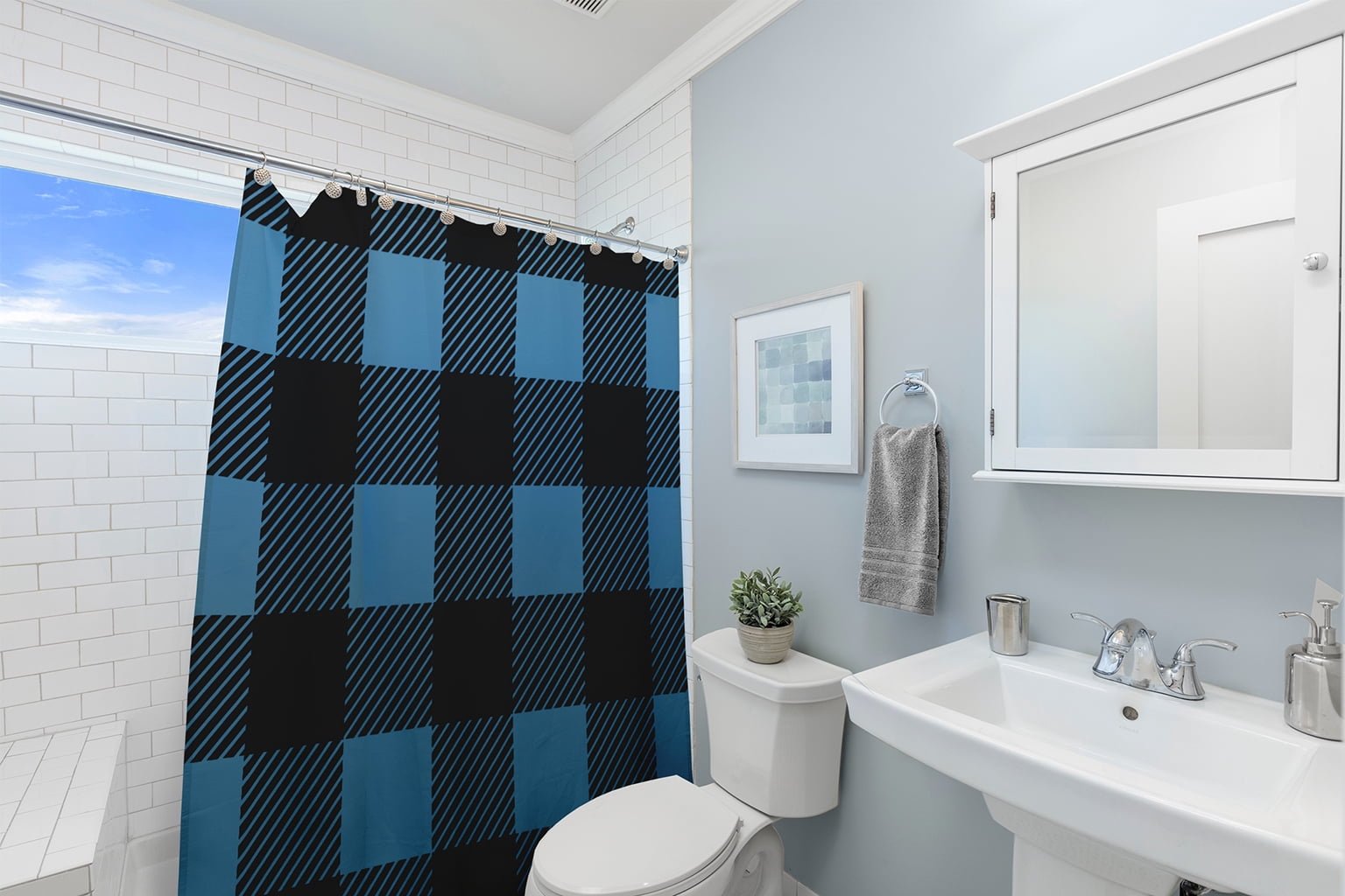 Simply Daisy 70" W x 73" L Buffalo Plaid Polyester Shower Curtain, Chambray [1 Ct]