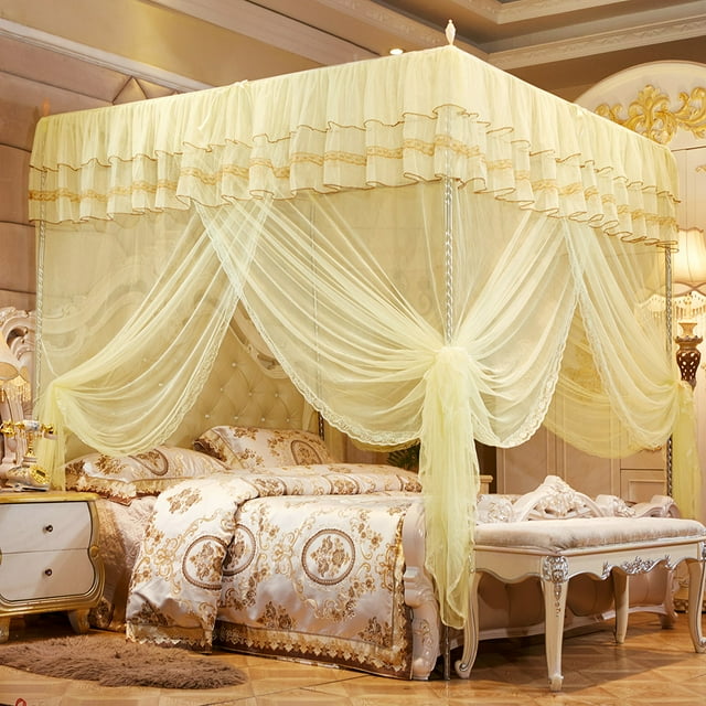 Bed Canopy, Princess Style Lace Design Yellow Net, For Women Girls Kidsroom Bedroom