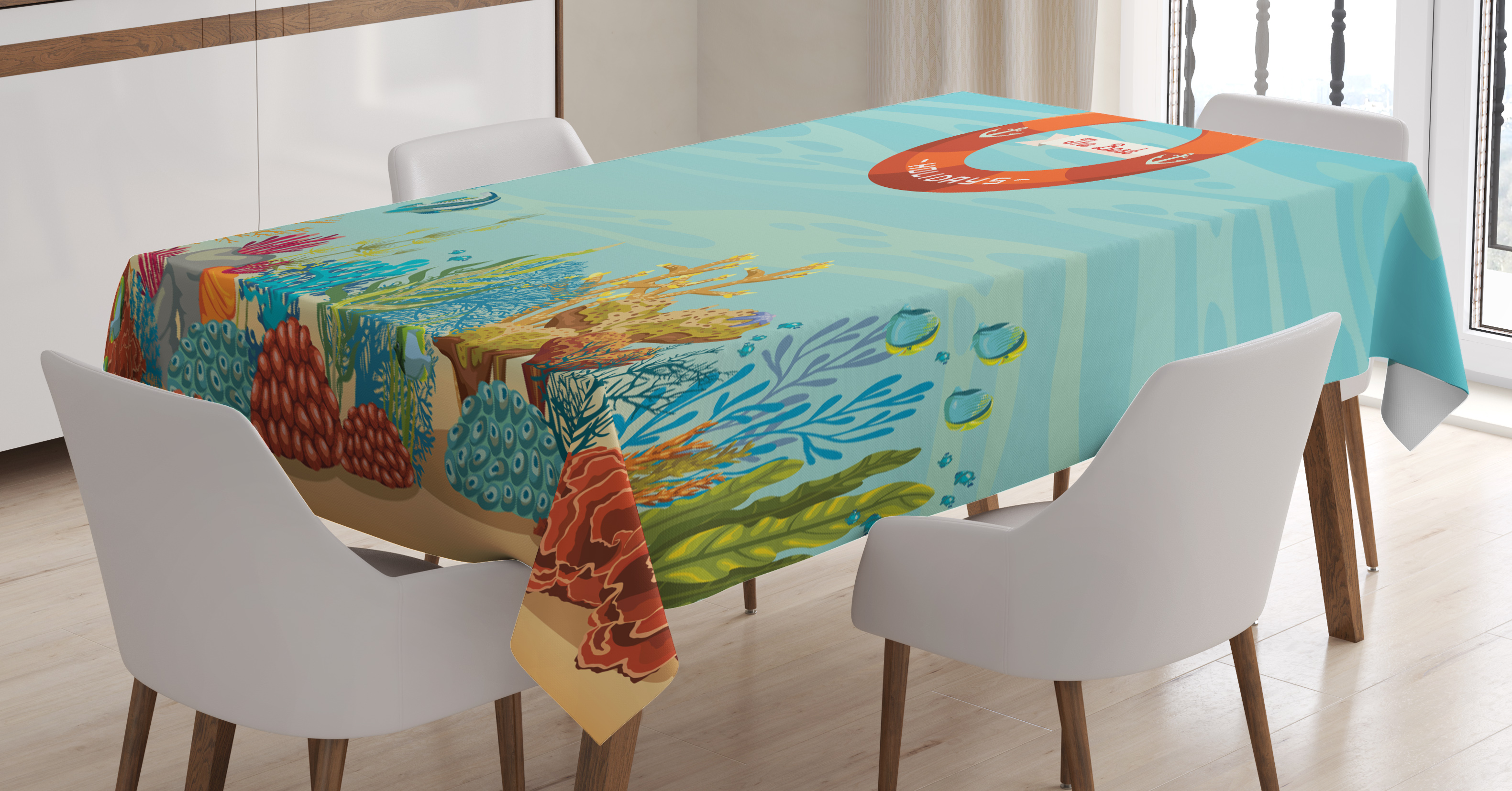 Marine Tablecloth, Lifebuoy over Coral Reef Sea Tropical Ocean Bubbles