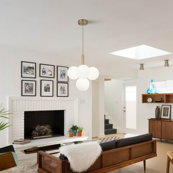 FINE MAKER 4 Light Modern Chandelier, Dining Room Gold Finish with Creamy White Globe Shade