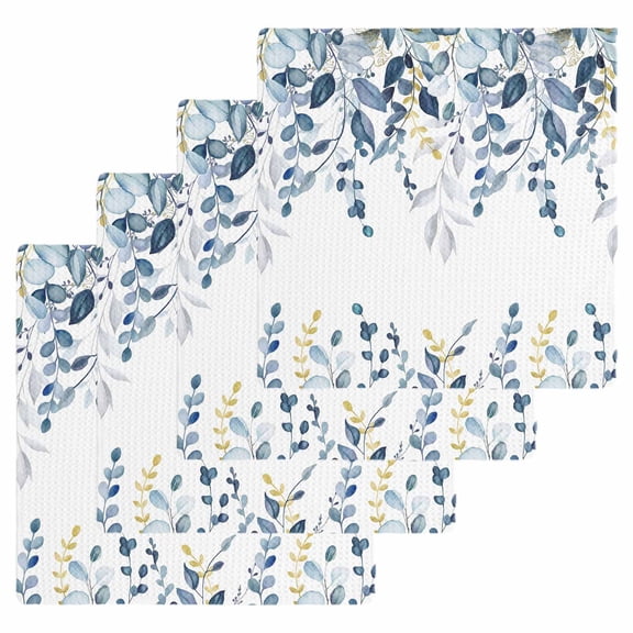 Navy Blue Eucalyptus Kitchen Dish Towels for Drying Dishes Set of 4, Watercolor Spring Weeping Botanical Waffle Weave Microfiber Hand Tea Bathroom Towels Quick Dry & Absorbent Towel 12x12