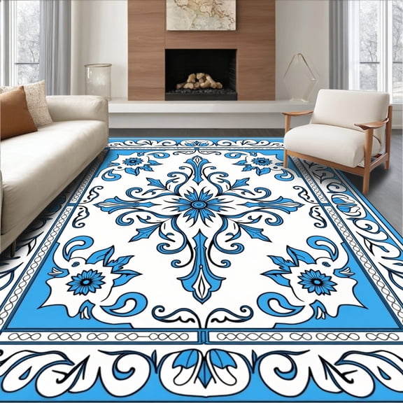 ODIKA 4'x6' Machine Washable Non-Slip Area Rug, Delicate Medallion Design Featuring Curves and Interlaced Floral High Traffic Rug, Blue, 444954