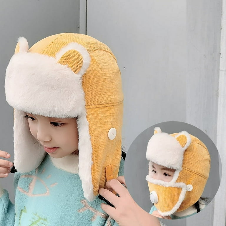 CoCopeaunt HT3382 Warm Russian Hat Kids Cute Ears Earflap Cap Boys Girls Winter Hats with Mask Children Windproof Russian Cap Bomber Hat