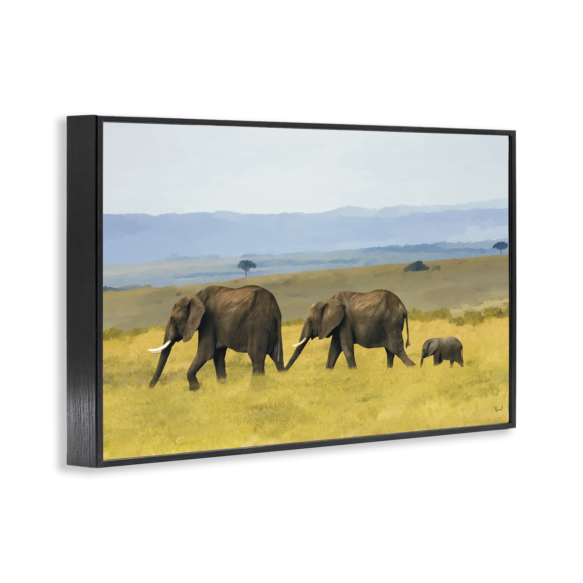 Stupell Industries Elephants In The Grassland Black Framed Giclee Art, design by Renel Peters