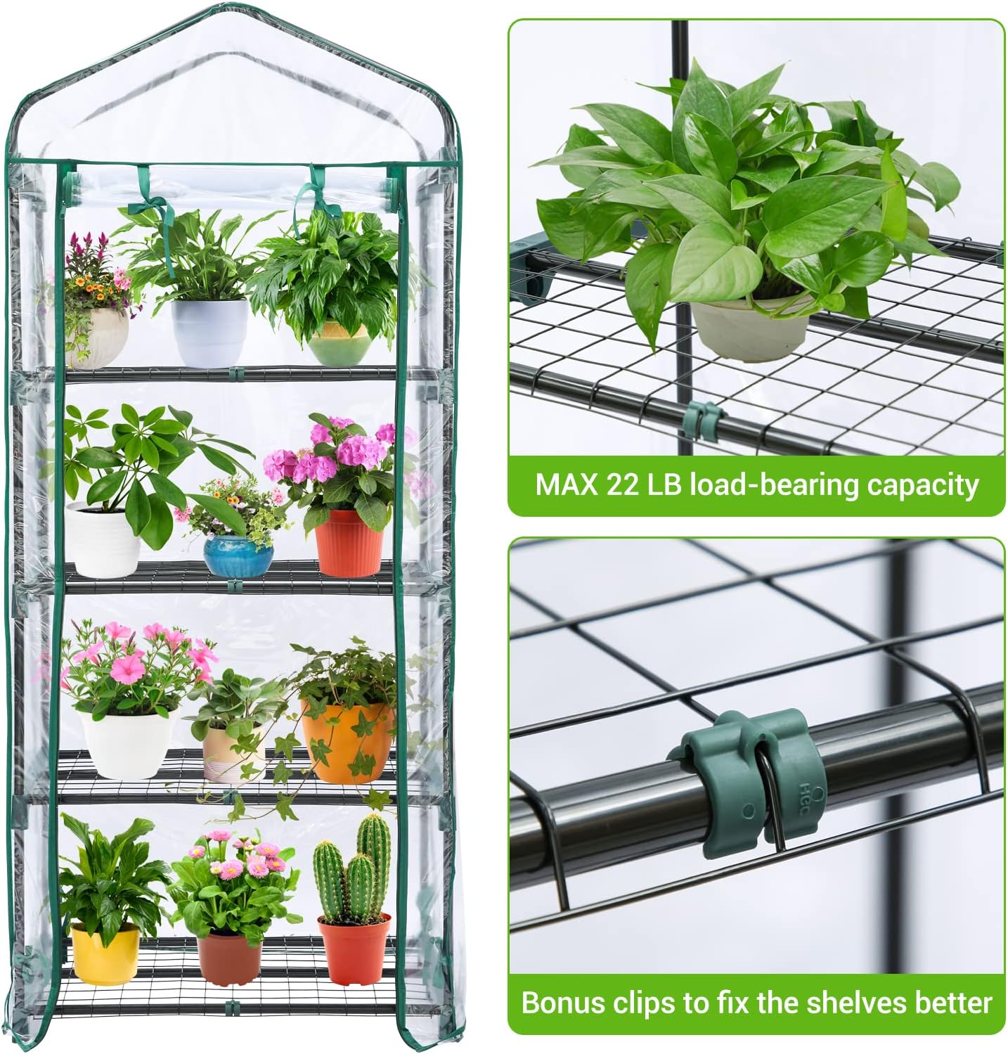 Indoor Greenhouse with LED Grow Lights, 4 Tier Mini Greenhouse with Roll-Up Zipper PVC Waterproof Cover and Trays, Dimmable Plant Grow Light for Indoor Plant with Timer, 27 L X 19 W X 63 H