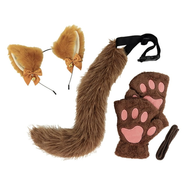 Diadema con orejas y cola de animales, orejas de gato, para escenario, espectáculo, juegos de rol, adultos y niños marrón