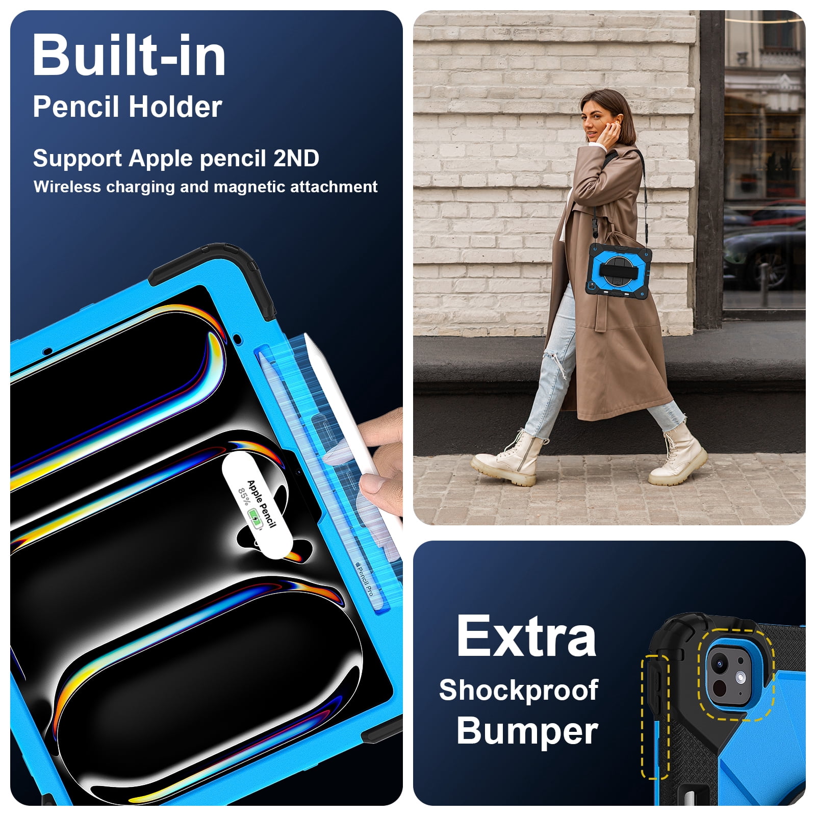 Allytechgroup iPad Pro 13 Inch 2024 Case Cover with Pencil Holder, Rugged Protection with Kickstand & Hand Strap Heavy Duty Shockproof Kids Friendly Case for Apple iPad Pro 13 M4 2024, Blue