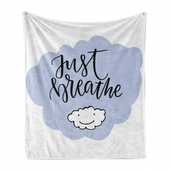 Just Breathe Soft Flannel Fleece Blanket, Calligraphic Motivation Words with a Hand Drawn Cloud Wellness Lifestyle, Cozy Plush for Indoor and Outdoor Use, 50" x 60", Pale Blue White, by Ambesonne