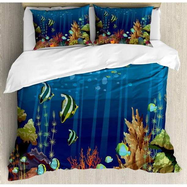 Under the Sea Queen Size Duvet Cover Set, Coral Reef with Sea Creatures  Tropical Oceanic Life Exotic Fishes and Seaweed, Decorative 3 Piece Bedding  Set with 2 Pillow Shams, Multicolor, by Ambesonne -