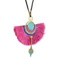 thumbnail image 2 of Stylish Turquoise with Pink Fan Tassel Long Statement Necklace, 2 of 6
