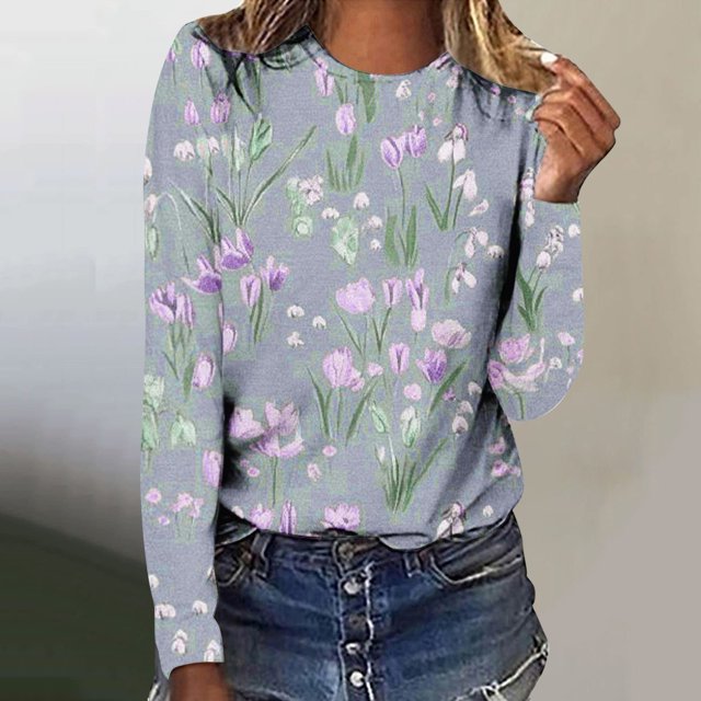 AOOCHASLIY Hauts d'Automne pour Femmes Mode Féminine Couverte de Tulipes Style Ethnique Chandail Imprimé Manches Longues Col Rond