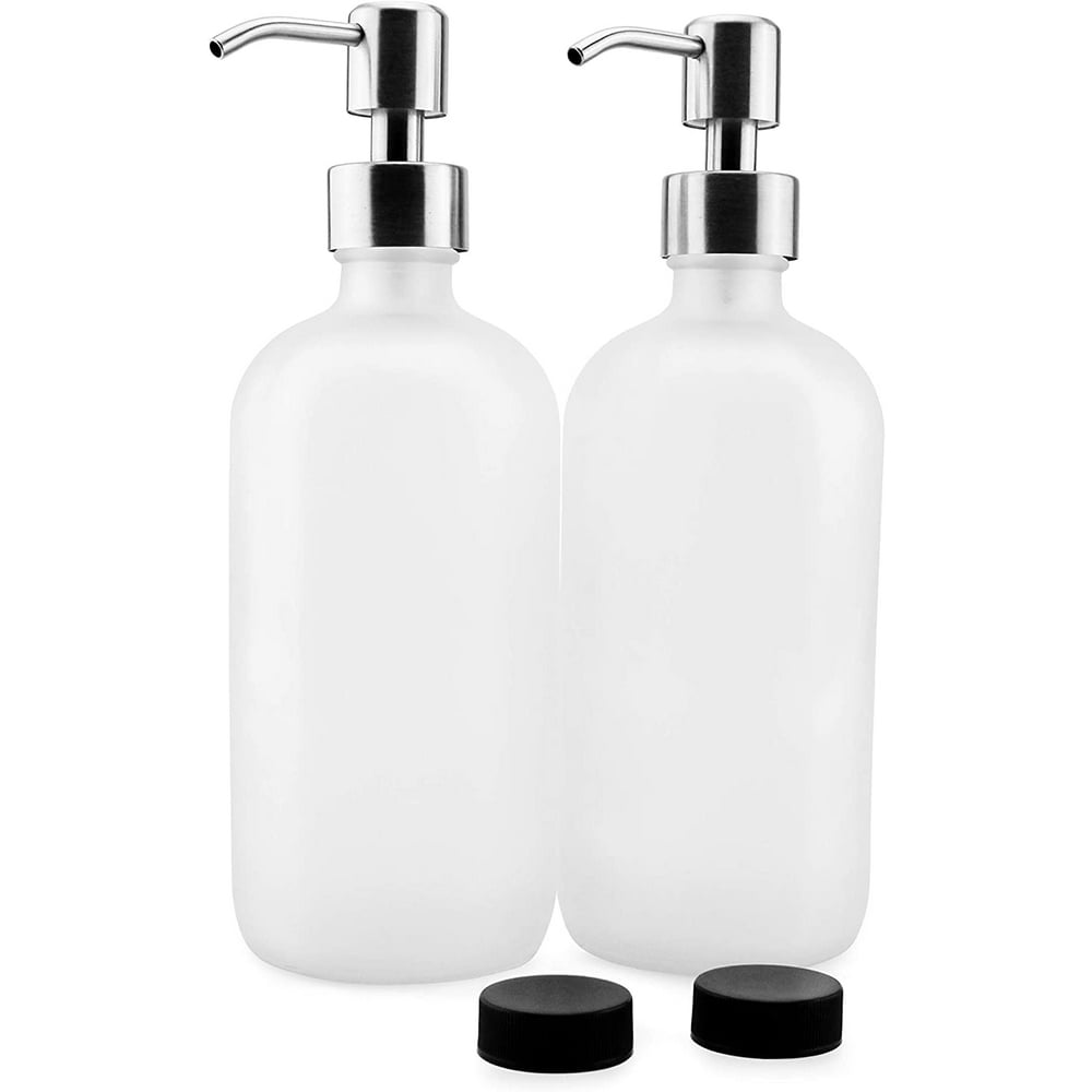 Cornucopia Frosted Glass Soap Dispenser w/Stainless Steel Pumps (White Frosted, 16Ounce, 2Pack