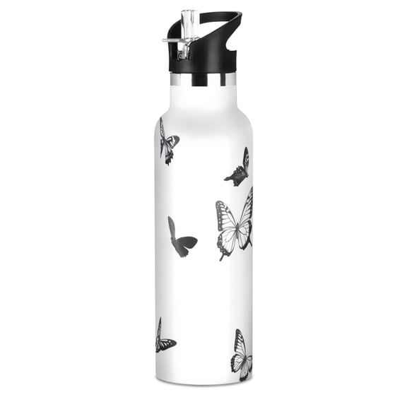 Kids Insulated Stainless Steel Sports Water Bottle 600ml (20oz), BPA-Free Black and White Butterflies Pattern