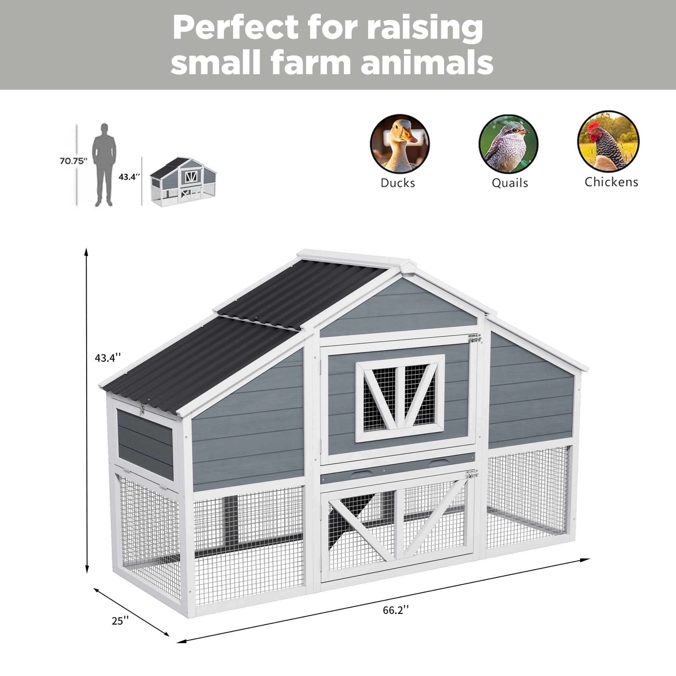 Outdoor 2 Story Duck Coop with 4 Nesting Boxes, Predator Proof Duck House for 4-6 Ducks, 66.2",White & Gray