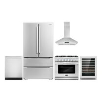 Cosmo 5 Piece Kitchen Appliance Package with 36" Freestanding Gas Range 36" Island Range Hood 24" Built-in Fully Integrated Dishwasher French Door Refrigerator & 48 Bottle Wine Refrigerator