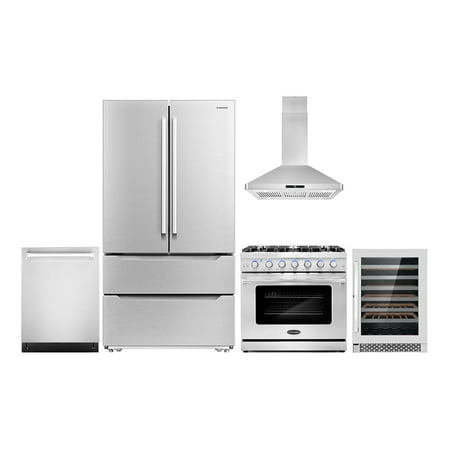 Cosmo 5 Piece Kitchen Appliance Package with 36  Freestanding Gas Range 36  Island Range Hood 24  Built-in Fully Integrated Dishwasher French Door Refrigerator & 48 Bottle Wine Refrigerator