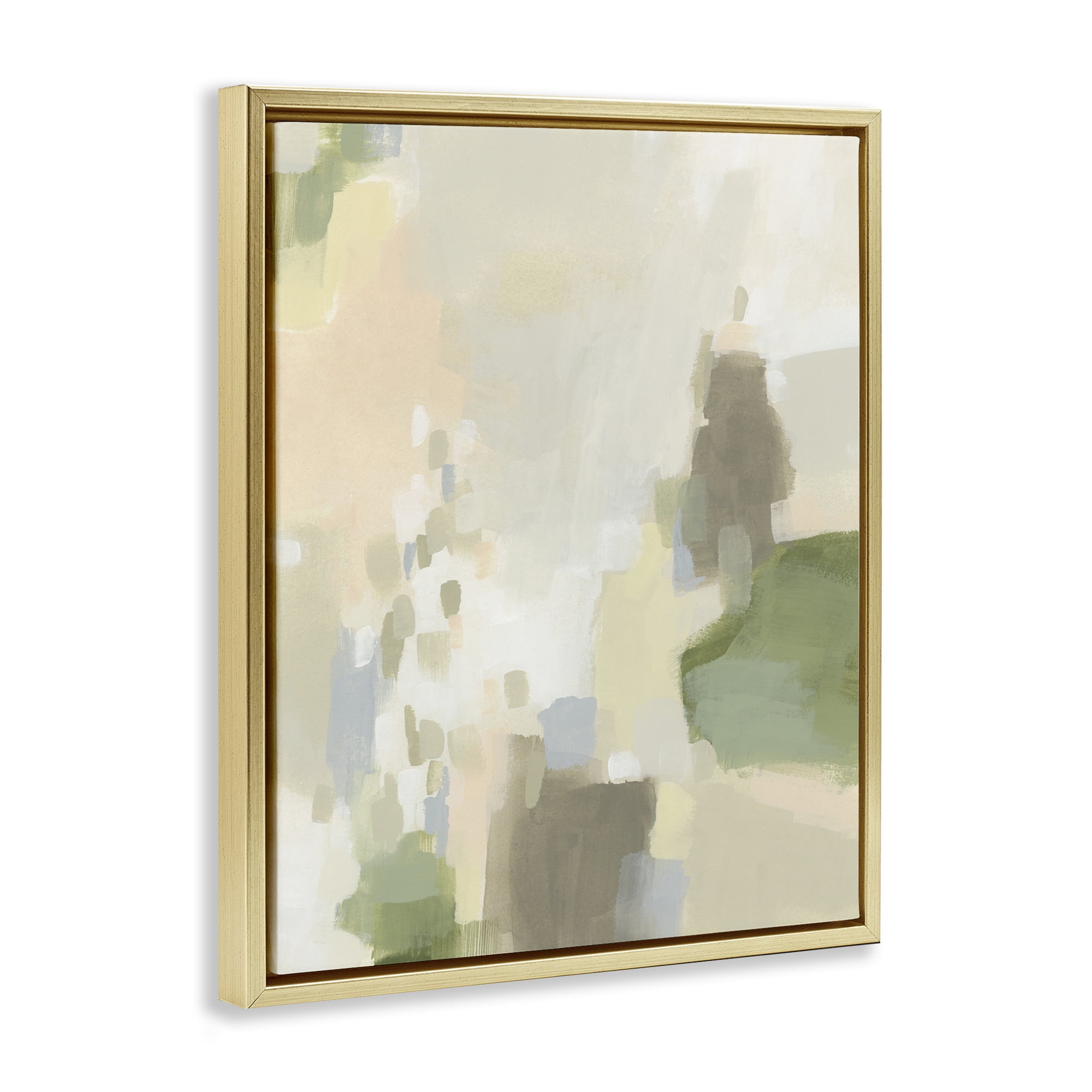 Stupell Industries Muted Beige & Green Abstract Painting Gold Floater Framed Canvas Art Print Wall Art, 17 x 21