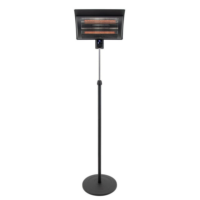 Westinghouse infrared electric outdoor heater with glowing heating elements, mounted on an adjustable black pole and round base for patio use.