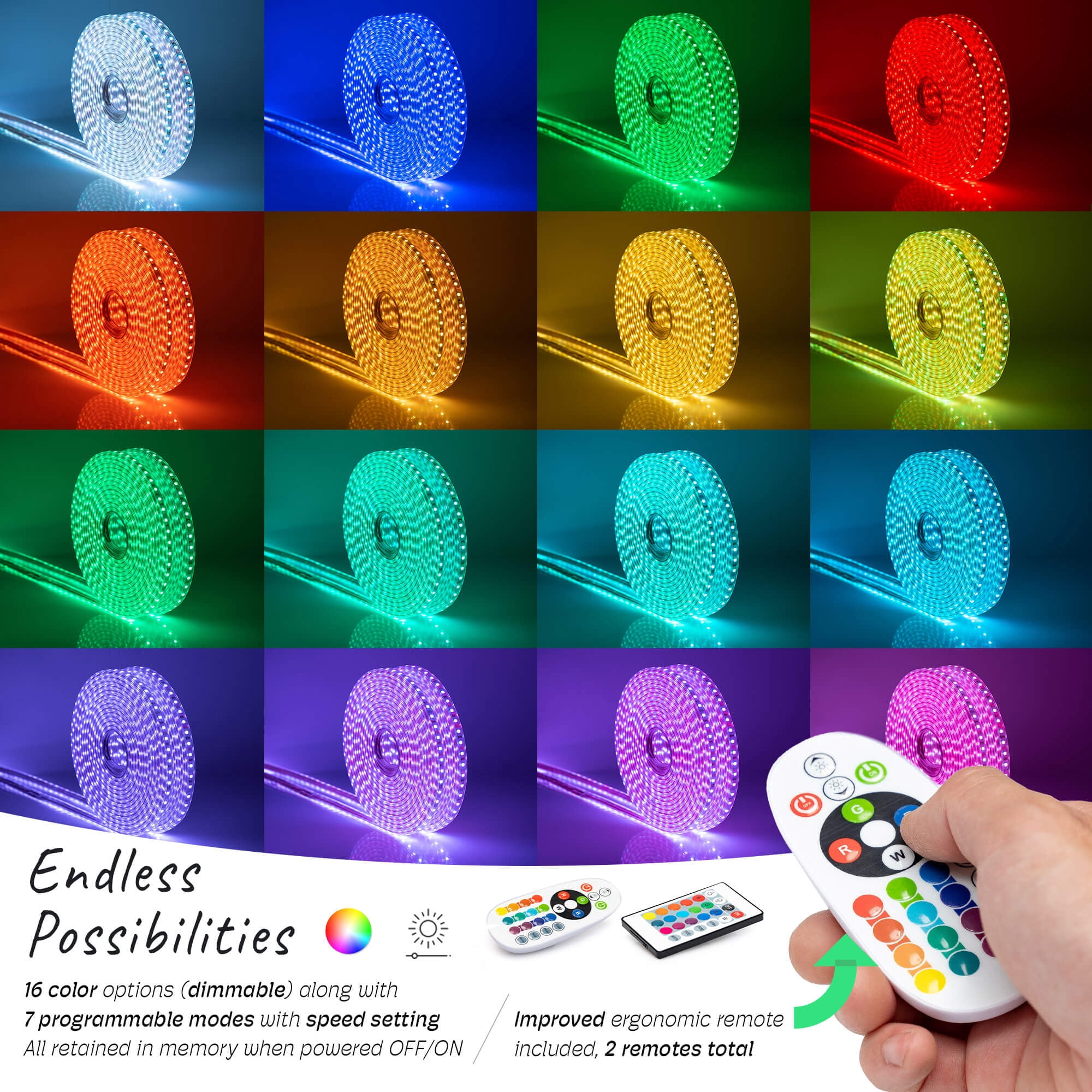 WYZworks LED Strip Lights, 150 ft Flat SMD 5050, Waterproof 16 Colors Multi Modes Color Changing Permanent Outdoor Exterior Heavy Duty Flexible Shell Rope Lighting Dimmable w/2 Remotes, ETL Certified