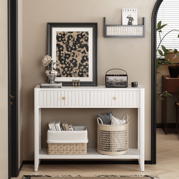 WRXELAN Console Table with Drawers | Sofa Table with Storage Shelves, 2-Tier Wooden Entryway Table for Living Room, Kitchen, Hallway, Foyer, White