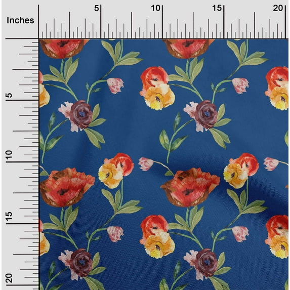 oneOone Polyester Lycra Royal Blue Fabric Flower & Leaves Watercolor Quilting Print Sewing Fabric By The Yard 56 Inche Wide