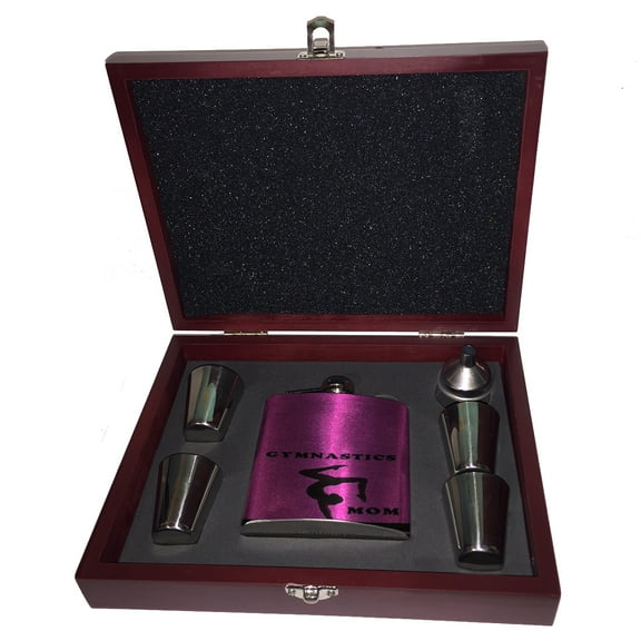 KuzmarK 6 oz. Stainless Steel Flask Set in Rose Wood Presentation Box -  Gymnastics Mom