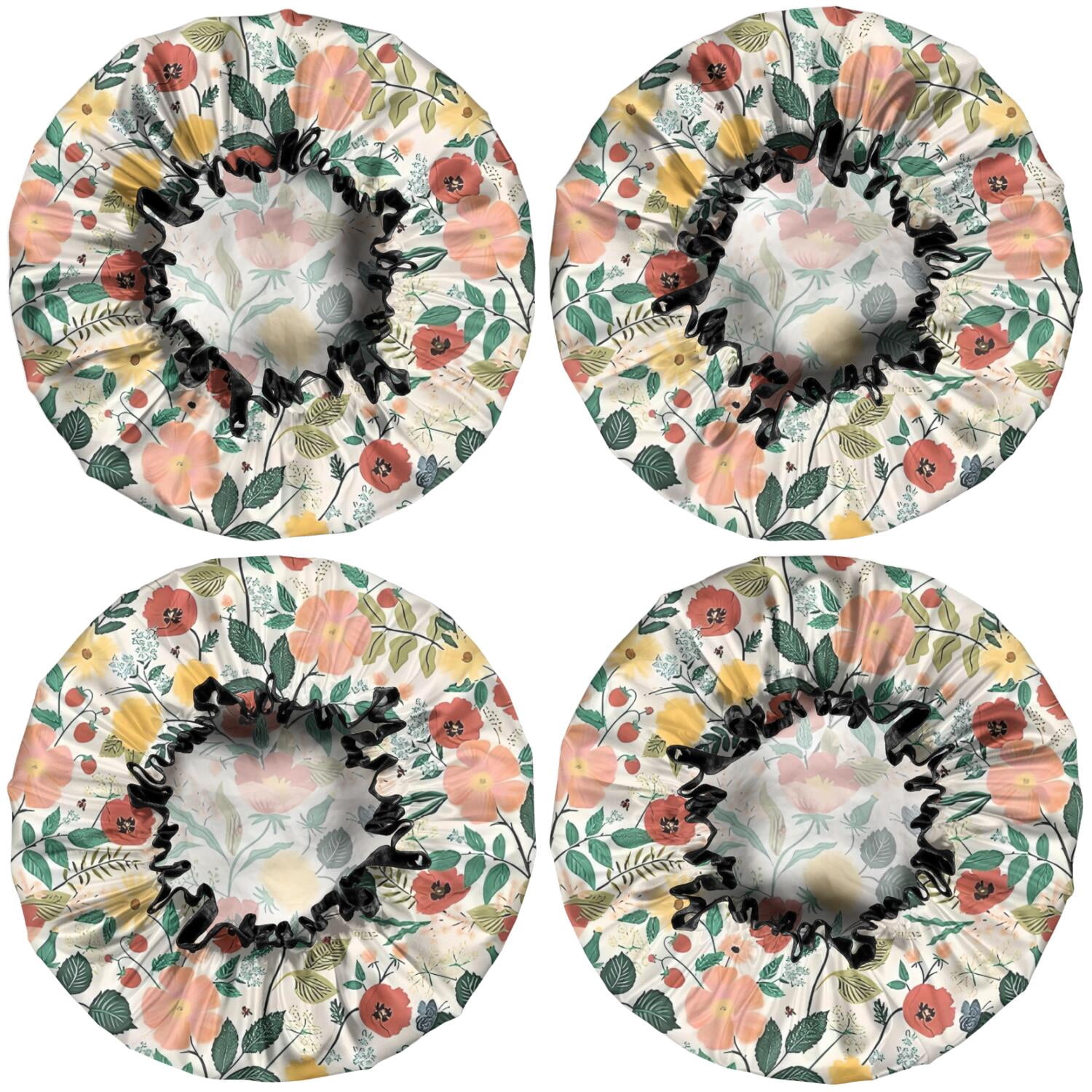 Shower Caps,Pioneer Flower Floral Print Pattern Waterproof Shower Cap for Women 4 Pieces,Double Reusable Hair Cover for Shower PEVA Elastic Stretch Hem