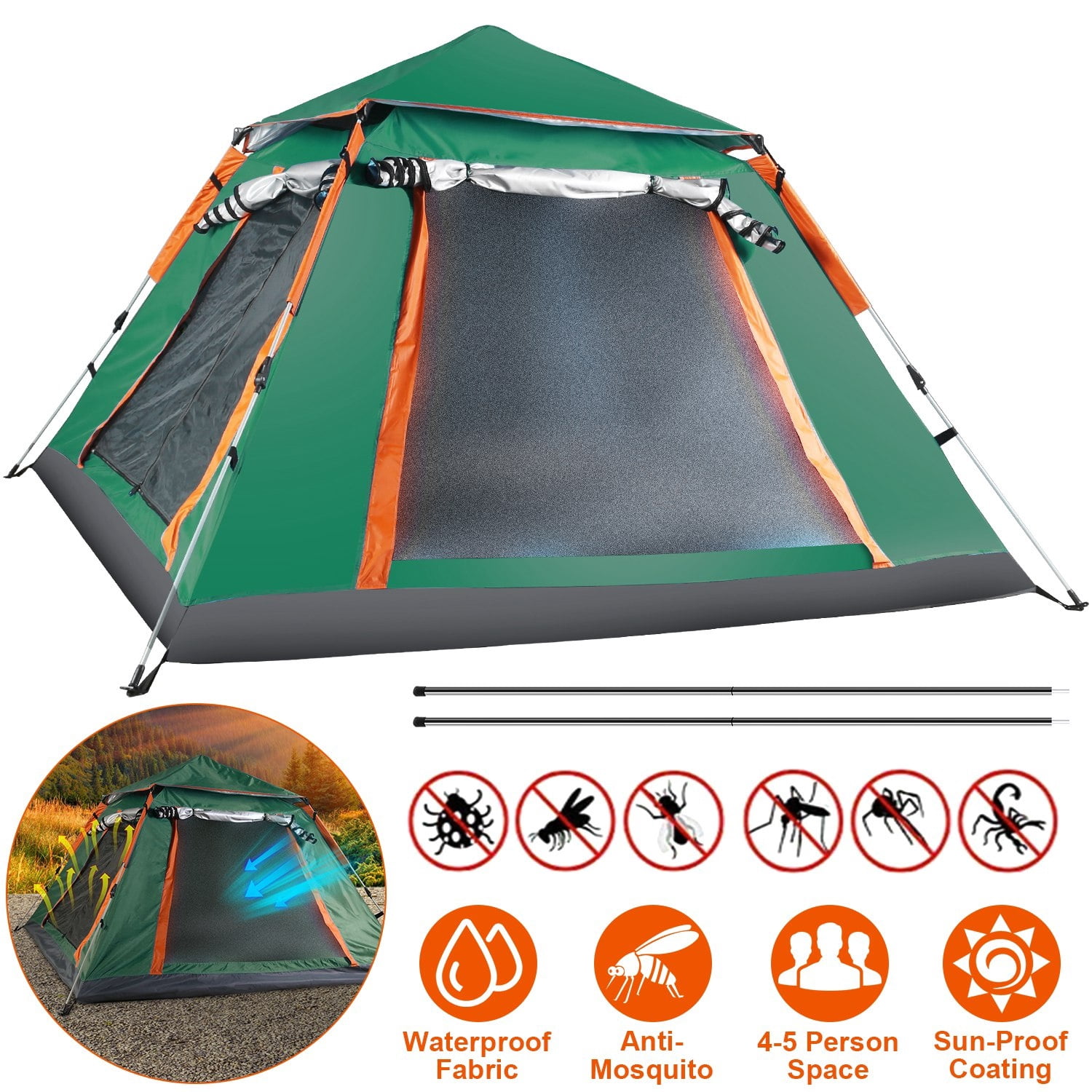 60-Second Setup 4-5 Person Family Camping Tent - Lightweight Portable Dome Tent with Dual Mosquito Net Windows, Waterproof Rainfly for Outdoor, Hiking & Backpacking,Green
