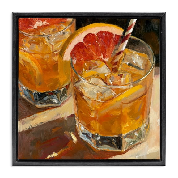 Stupell Industries Contemporary Grapefruit Cocktail with Ice Cubes Black Floating Frame Canvas Art, 18 x 18, by Petals Prints Design
