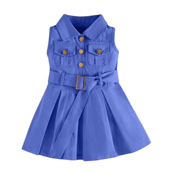 EnJoCho Girls Summer Denim Dress Sleeveless Button Down Collared Jean Dresses Y2K Pleated A Line Dress with Belt Toddler Maxi Dress Summer