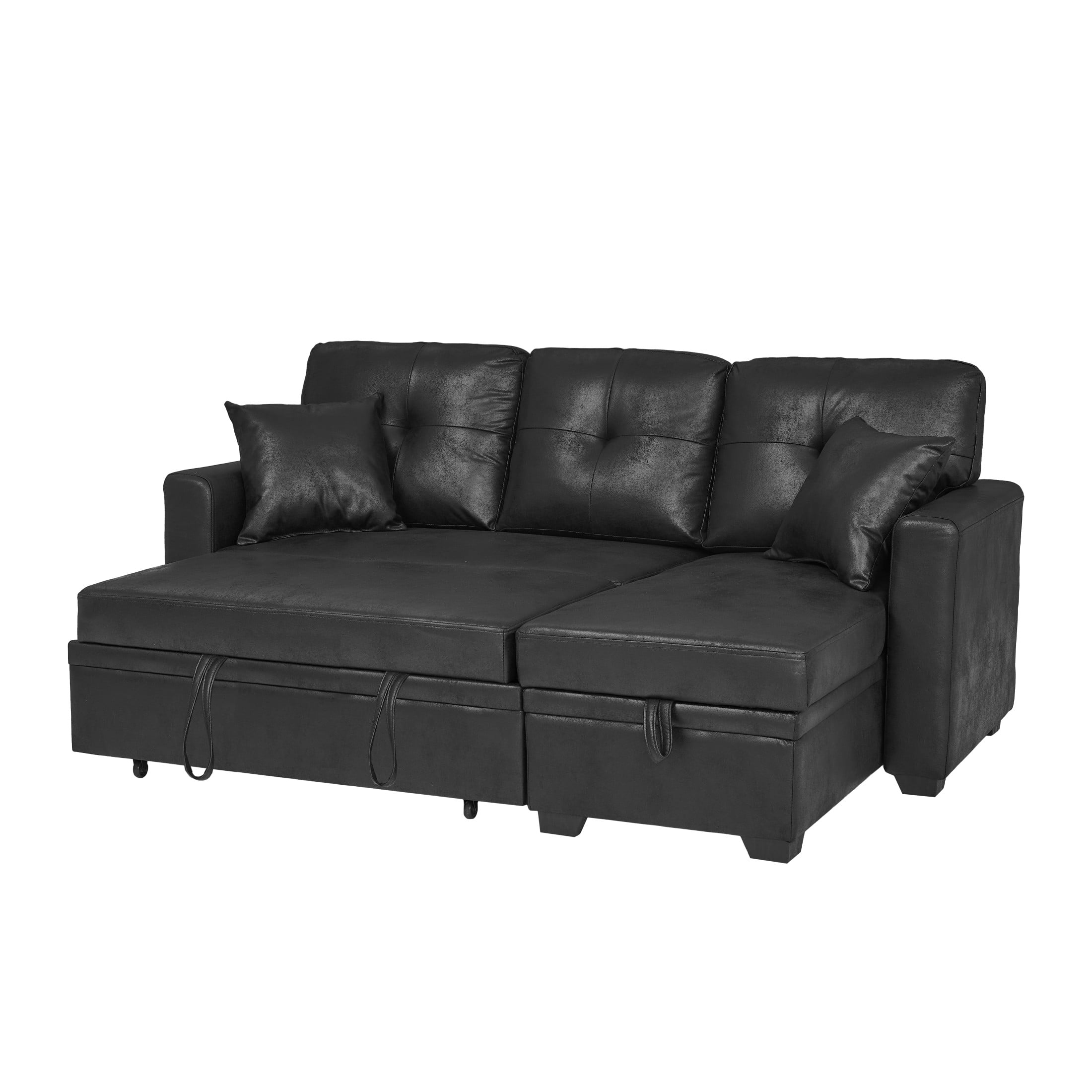 Noble House Sleeper Sectional Sofa with Pull-Out Bed, Reversible Storage Chaise, Foil Fabric, Black