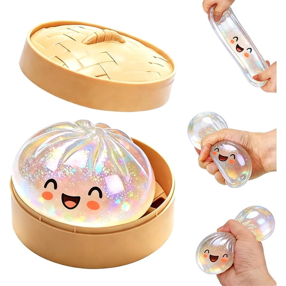 Glitter Dumpling Squishy Toys with Steamer Case, Kawaii Bao Bun Stress Relief Ball, Soft Silicone Fidget Sensory Toys for Teens and Adults, Cute Desktop Decompression Ornament