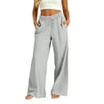 thumbnail image 2 of SAHFX Women's Linen Long Pants Drawstring Pants Work Pants Cotton Gauze Pants for Women with Pockets Breathable Linen Pant Straight Leg Pants Baggy Trousers Solid Color Slacks Lounge Trousers, 2 of 9