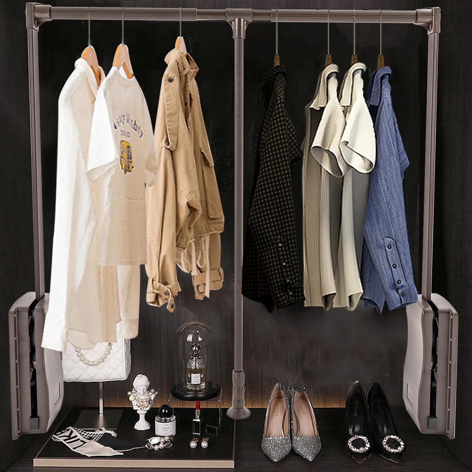 Soft Close Pull Down Closet Rod,Adjustable Closet Pull Down Rods Hanger,Wardrobe Lift Rail Organizer for Hanging Clothes Wardrobe Interior Width 35-47.2 in
