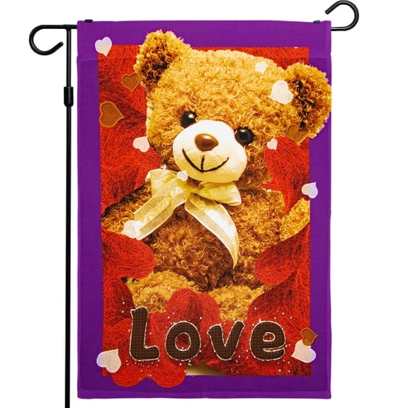 G128-12"x18" Valentines Day Garden Flag In Stock for Outdoor-Love Toy Bear, Outdoor Valentines Decor