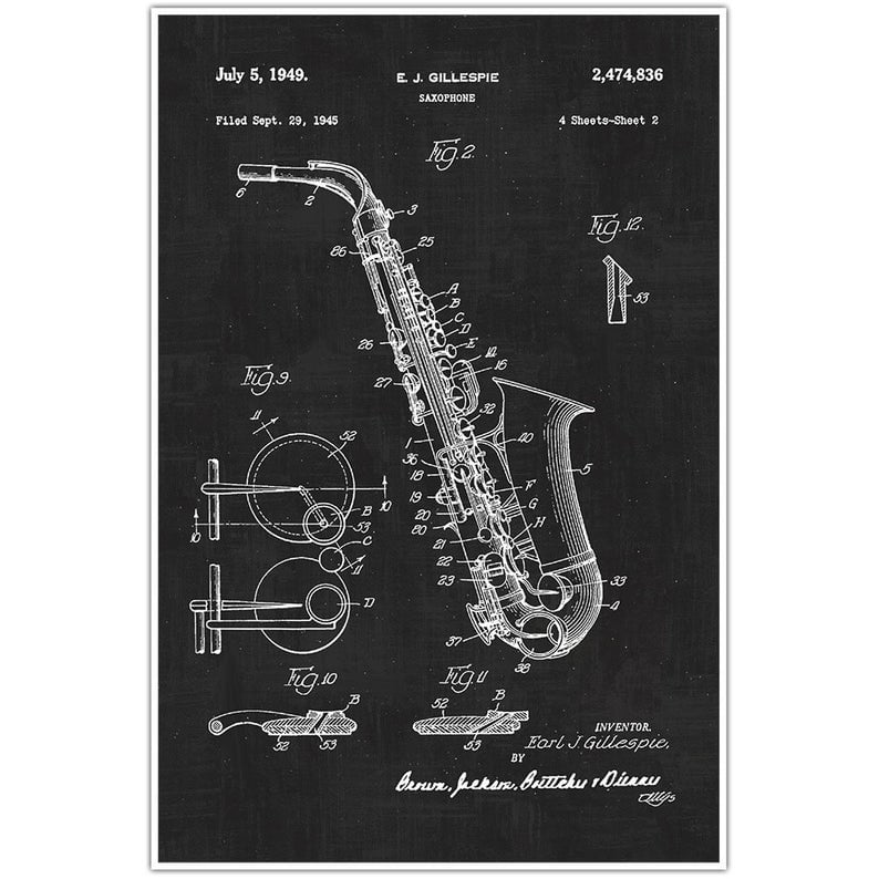 Saxophone Patent Blueprint Poster, Musical Instrument Photo Art