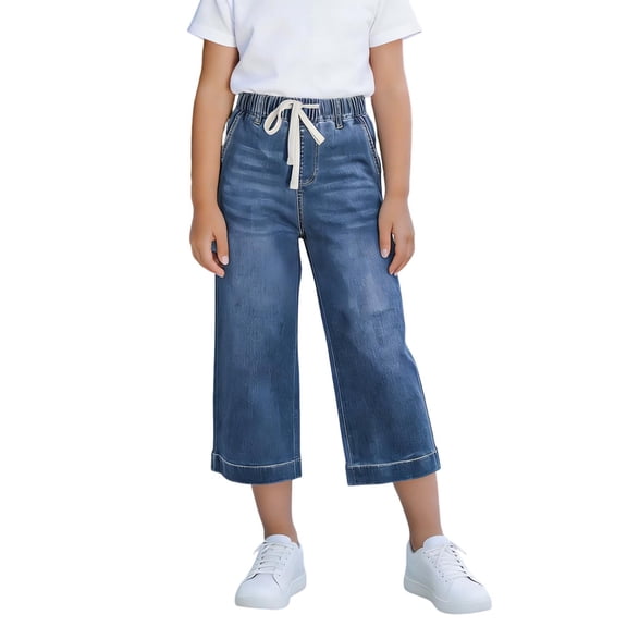 UQJfacai Girls Capri Jeans Wide Leg Washed Cropped Denim Pants Summer Kids Retro Drawstring Straight Capris with Pockets 4-15 Years