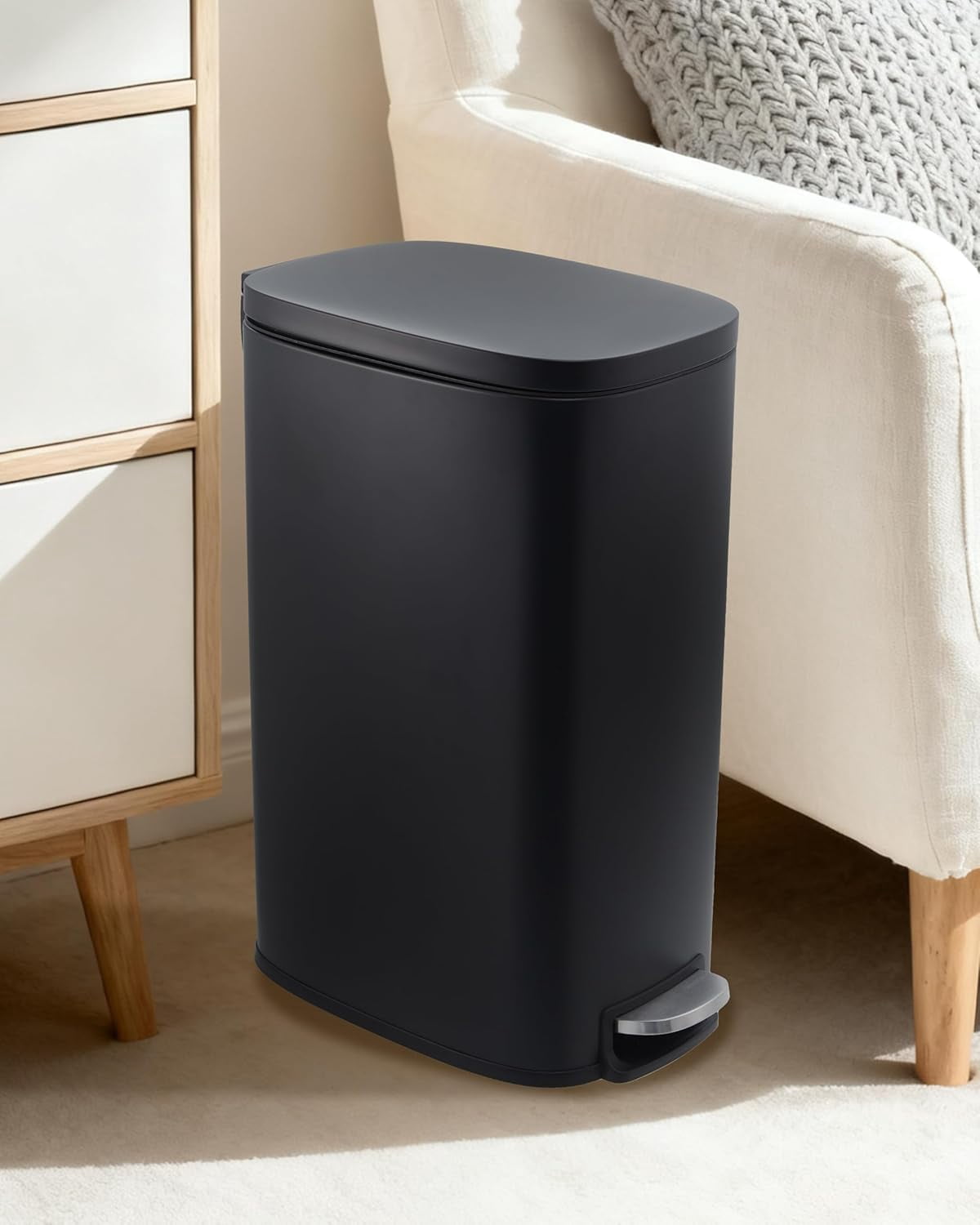 13 gal Slim Trash Can, Step Garbage Can with Soft-Close Lid, Stainless Steel Recycling Bin Waste Container with Removable Inner Bucket for Kitchen, Bathroom, Office (Black)