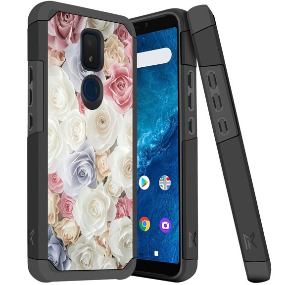 ANJ  Dual Layer Shockproof Hybrid Case   [Tempered Glass] Cover for Cricket Icon 3, Splendor, AT&T Motivate 2 - Silky Roses