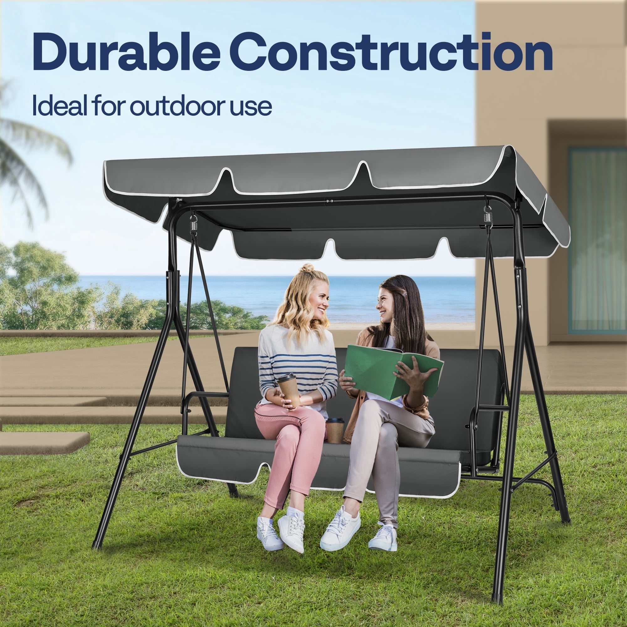 SPECSTAR 3 Seats Patio Porch Swing Chair, Converting Canopy,Removable Cushion,Cushioned Steel Frame Porch Canopy Swing Chair for Patio Garden, Gray