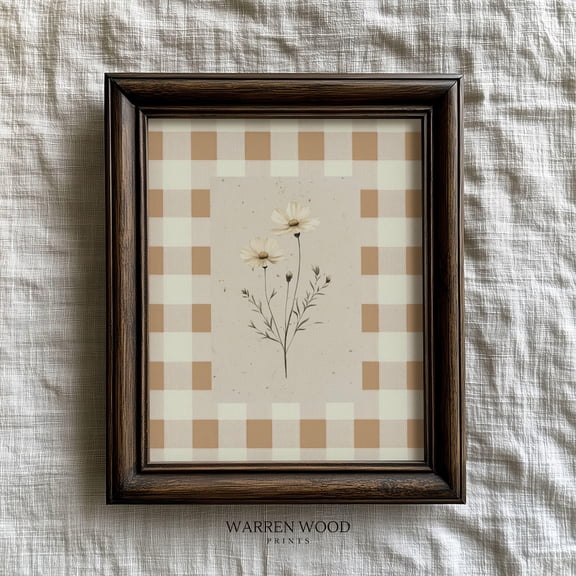 Spring Wildflower Print, Gingham Wall Art, Neutral Floral Decor, Soft Yellow & Beige, Cottagecore, Vintage Botanical Art Home Decor #1374, Unframed Poster Size 8x12
