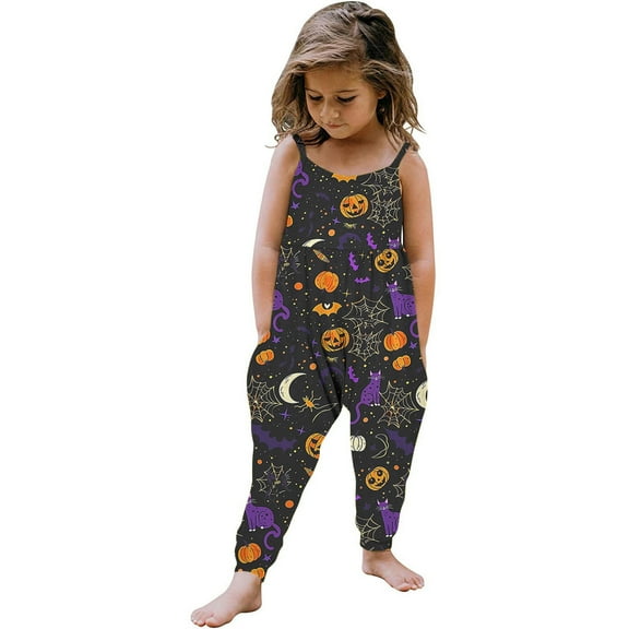 GERsome Jumpsuits for Toddler Girls 1-6 Years Kids Casual Sleeveless Jumpsuits Spaghetti Strap Romper Long Pants with Pockets(Size 5-6 Years/03#Colorful Black C)