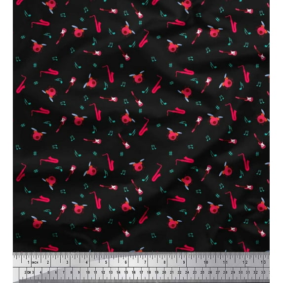 Soimoi Velvet Fabric Notes,Guitar & Drumkits Musical Instrument Print Fabric by The Yard 58 Inch Wide