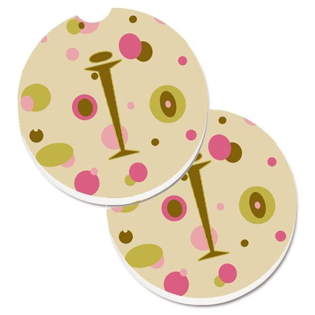 Letter I Initial Monogram Tan Dots Set of 2 Cup Holder Car Coaster