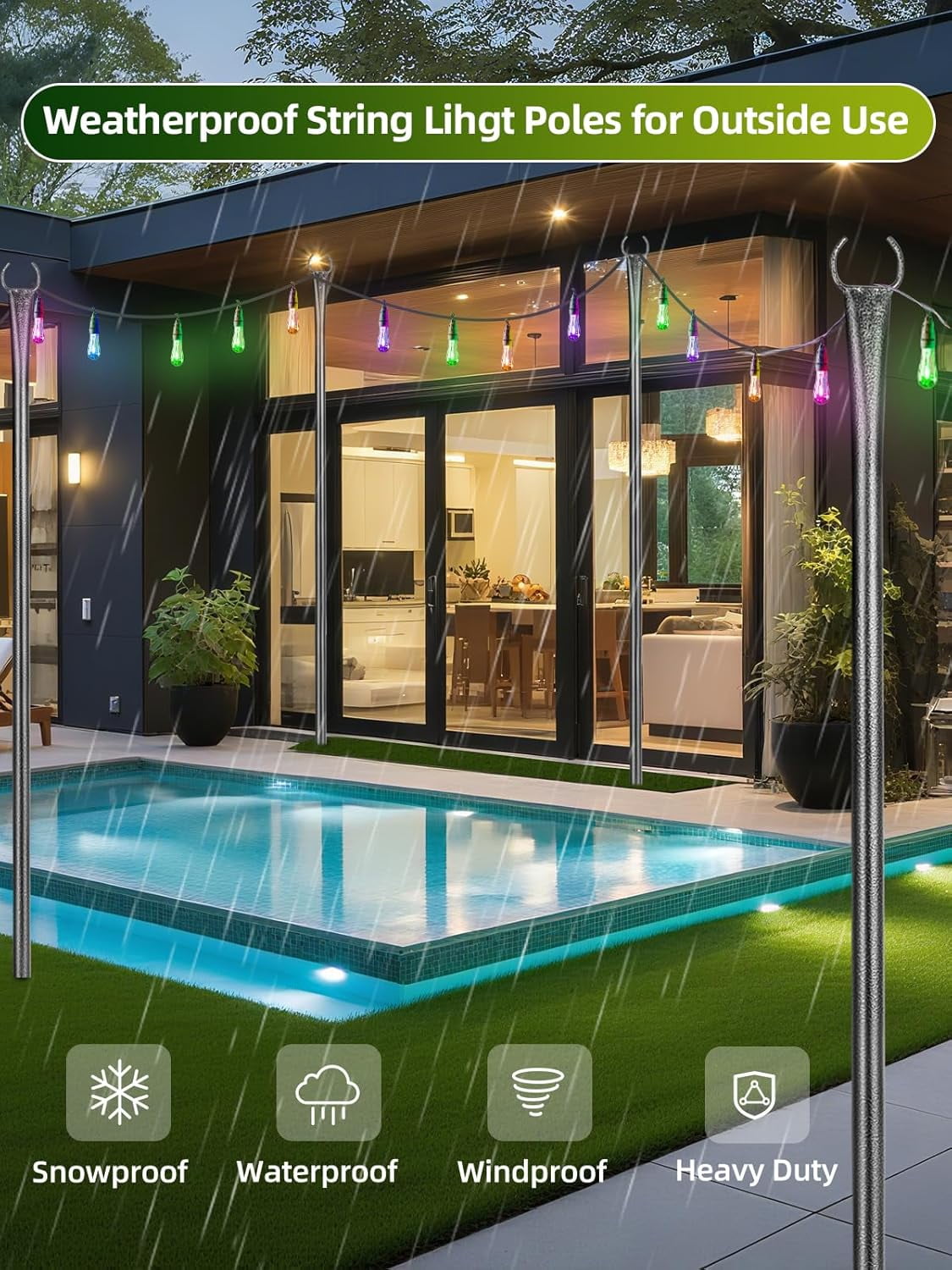4 Pack 10ft Outdoor String Light Poles for Outside and Deck - Ideal for Patio, Garden, Yard, Front Porch Decorations, Frosted Silver