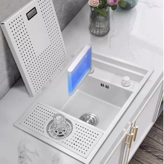 23 X 12.6 Inch White Hidden Bar Sink Combo with Folding Faucet – Space-Saving Drop-In/Undermount Small Kitchen Sink, Black Stainless Steel, Single Bowl