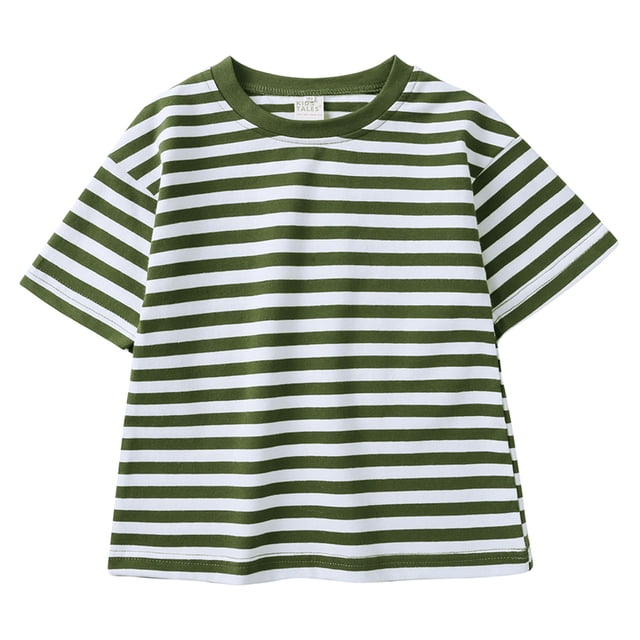 XASZHN T-Shirts à Manches Courtes Rayés d'Été pour Filles et Garçons, Col Rond Tendance, Blouse Décontractée Vert Armée_001 8-9 Ans