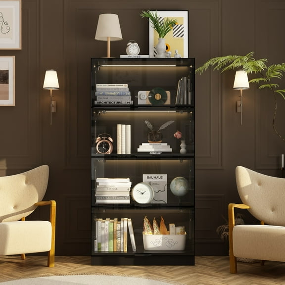 OXYLIFE 63" Black Steel Frame 4-Door Glass Display Cabinet with 4 Adjustable Shelves, Perfect for Living Room & Kitchen Storage